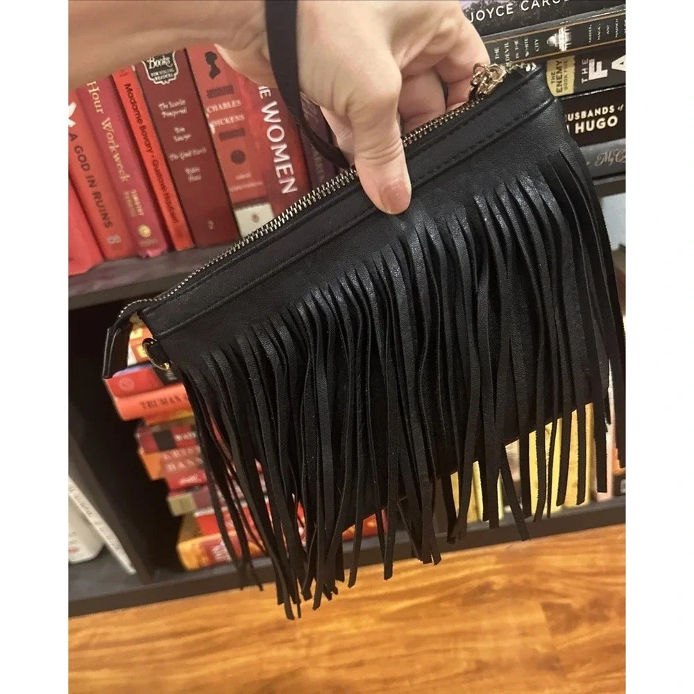 Fringe Western Wristlet Purse Tassels Handbag Black Gold Zipper Rodeo Cowgirl